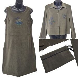 Positive Attitude Size 12 Olive Faux Suede Floral Embroidered Dress & Jacket Set